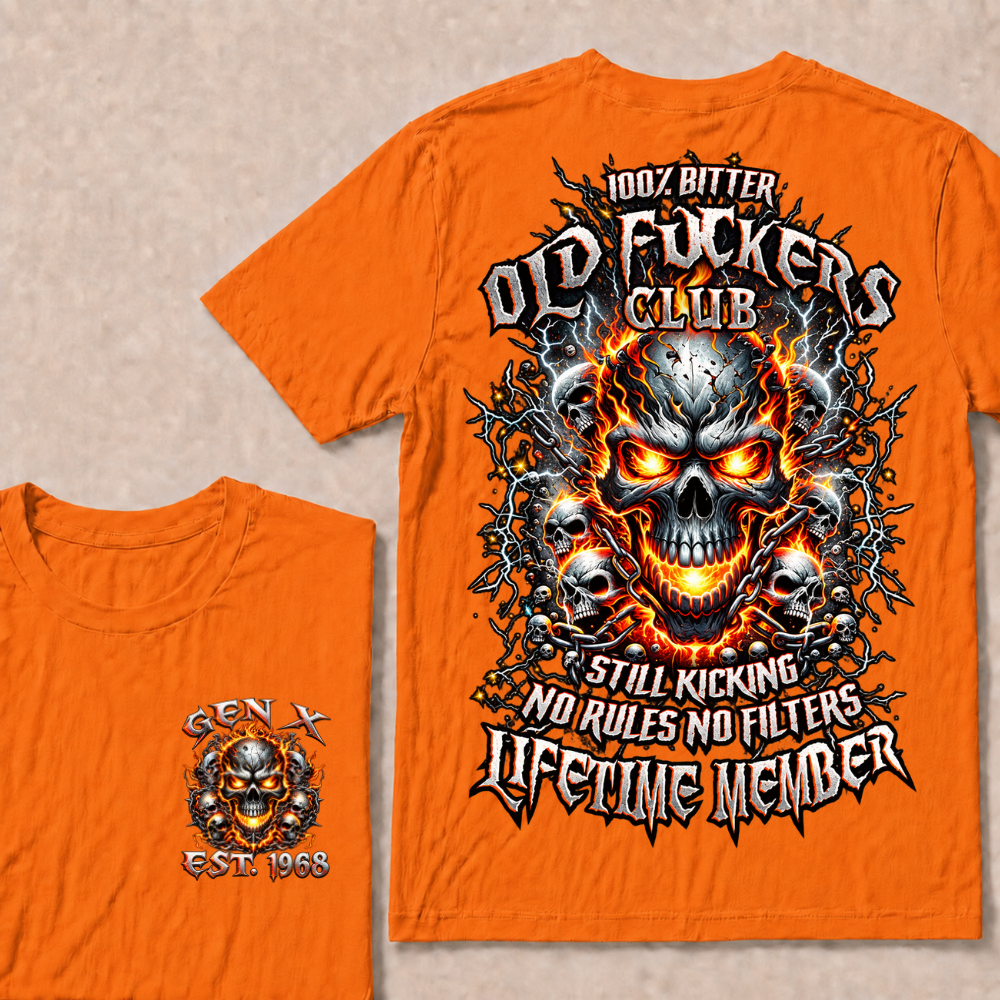Gen X Custom Year Old Fuckers Club Multi Skull Chain Fire Lightning T-Shirt