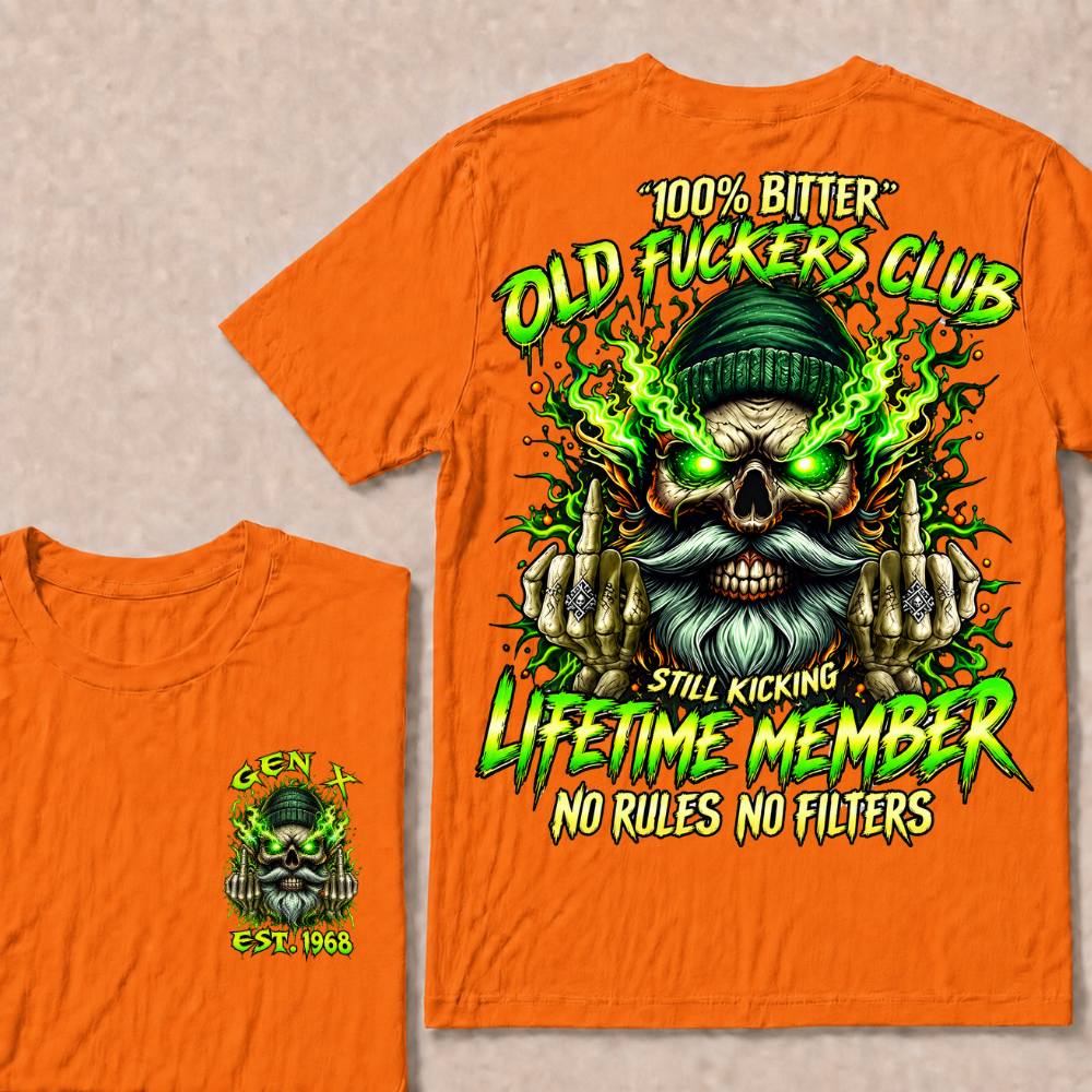 Gen X Custom Year Old Fuckers Club Beanie Skull Double Finger Green Flame T-Shirt