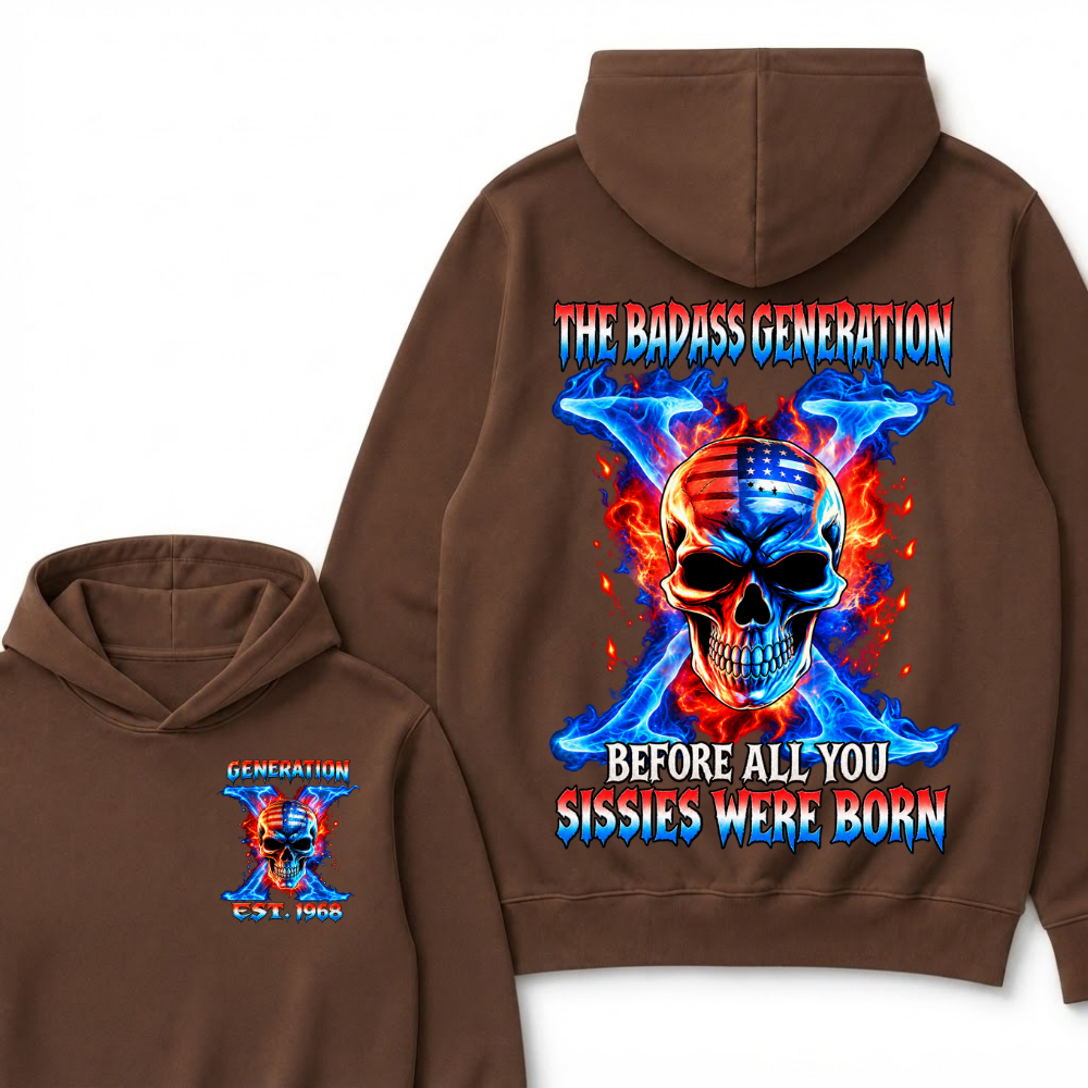 Custom EST Year The Badass Generation Skull American Flag Fire Cross Hoodie
