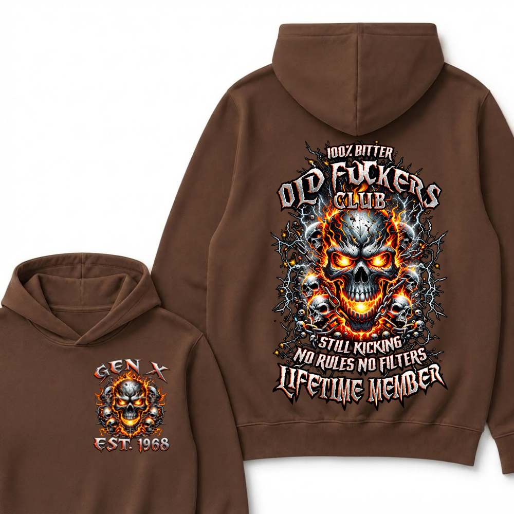 Gen X Custom Year Old Fuckers Club Hellfire Multi Skull Chain Lightning Hoodie