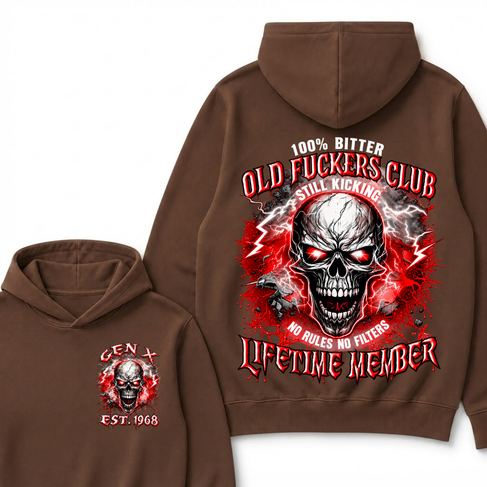 100% Bitter Old Fuckers Club Lifetime Member Hoodie Custom Year Gen X Red Lightning Cracked Skull Mens Biker Hoodie