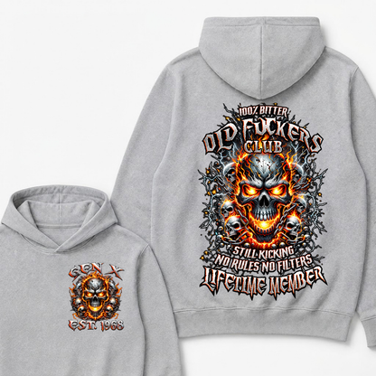 Gen X Custom Year Old Fuckers Club Hellfire Multi Skull Chain Lightning Hoodie
