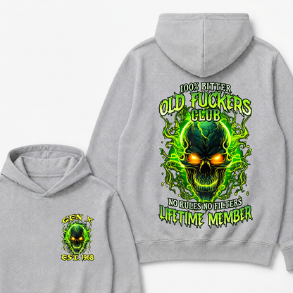 100% Bitter Old Fuckers Club Lifetime Member Hoodie Custom Year Gen X Green Fire Glowing Skull No Rules No Filters Men Graphic Hoodies