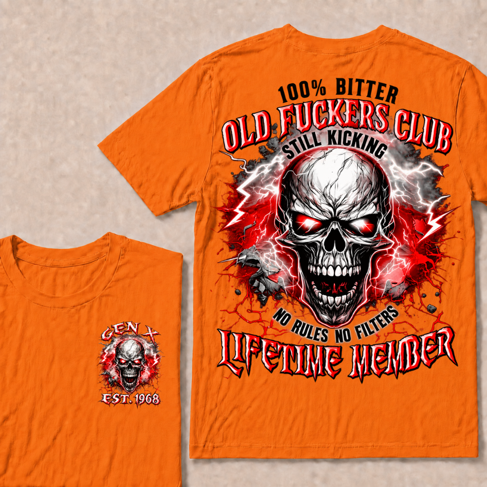 Gen X Custom Year Old Fuckers Club Red Lightning Cracked Skull Blood Splatter T-Shirt