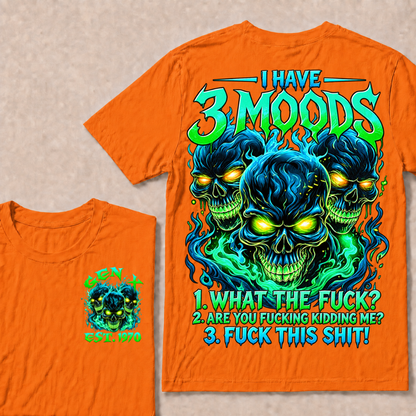 I Have 3 Moods T Shirt Custom Year Gen X Three Blue Green Fire Skulls Mens Biker Graphic Tee