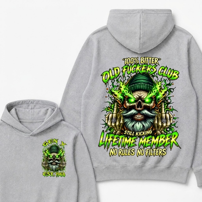 Gen X Custom Year Old Fuckers Club Beanie Bearded Skull Double Finger Green Flame Hoodie