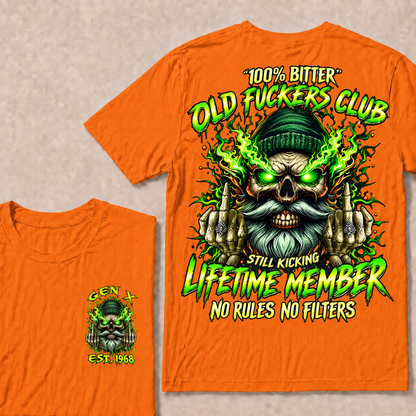 Gen X Custom Year Old Fuckers Club Beanie Skull Double Finger Green Flame T-Shirt