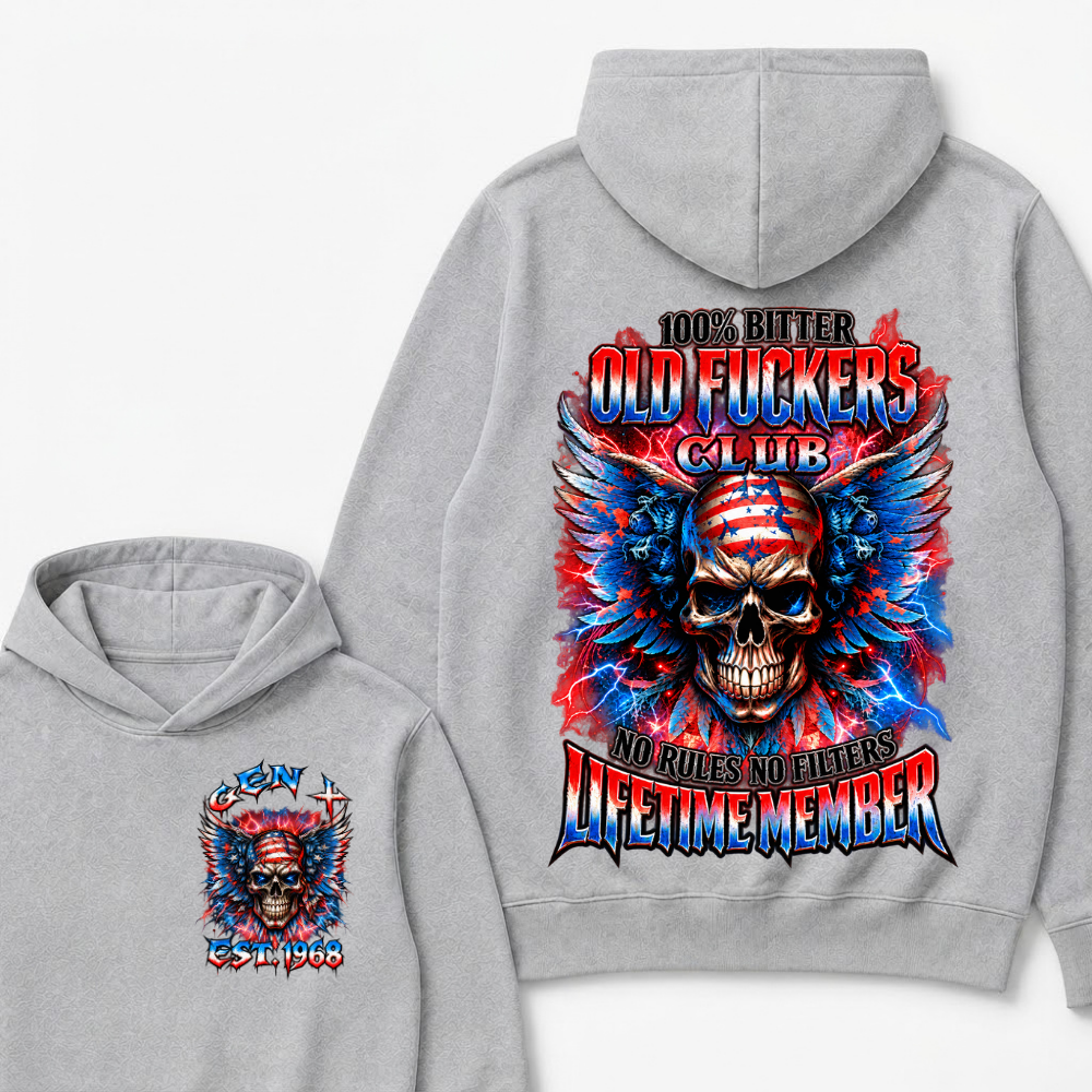 100% Bitter Old Fuckers Club Lifetime Member Hoodie Custom Year Gen X Patriotic Winged USA Flag Skull Red Blue Lightning No Rules No Filters Mens Biker Hoodie