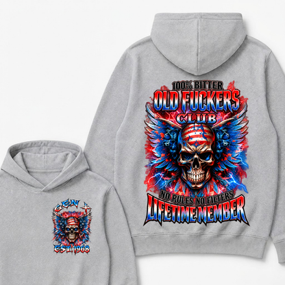 100% Bitter Old Fuckers Club Lifetime Member Hoodie Custom Year Gen X Patriotic Winged USA Flag Skull Red Blue Lightning No Rules No Filters Mens Biker Hoodie