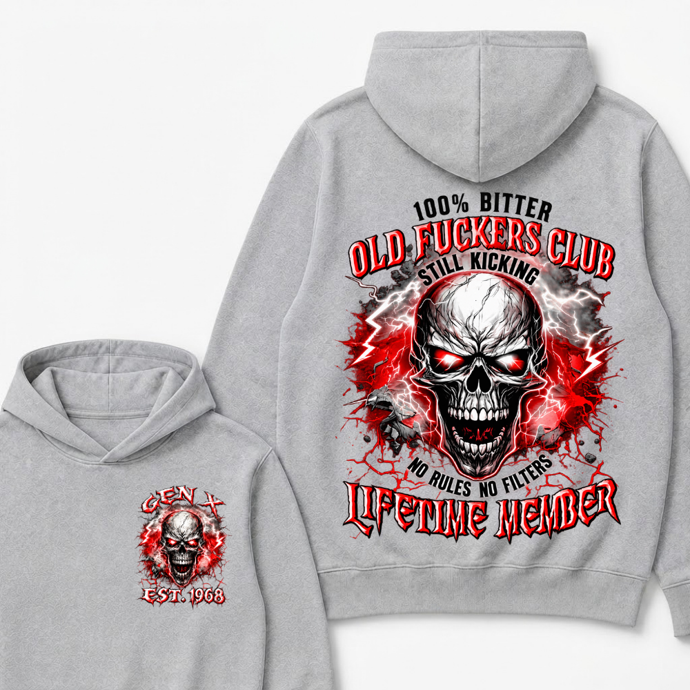 100% Bitter Old Fuckers Club Lifetime Member Hoodie Custom Year Gen X Red Lightning Cracked Skull Mens Biker Hoodie