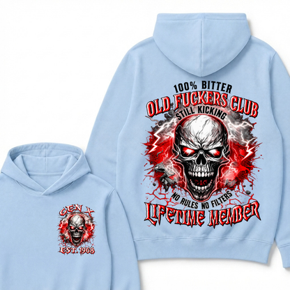 100% Bitter Old Fuckers Club Lifetime Member Hoodie Custom Year Gen X Red Lightning Cracked Skull Mens Biker Hoodie