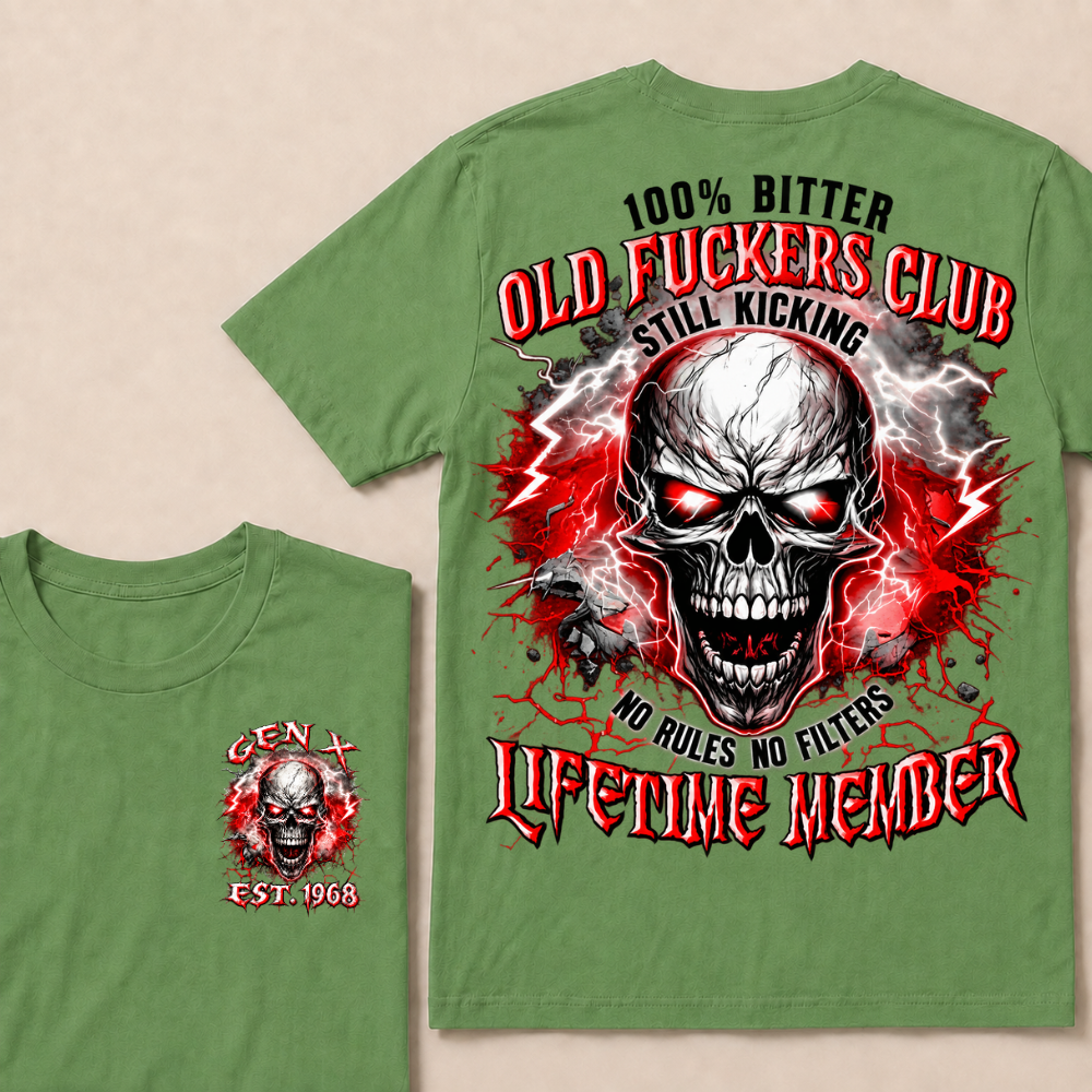 Gen X Custom Year Old Fuckers Club Red Lightning Cracked Skull Blood Splatter T-Shirt