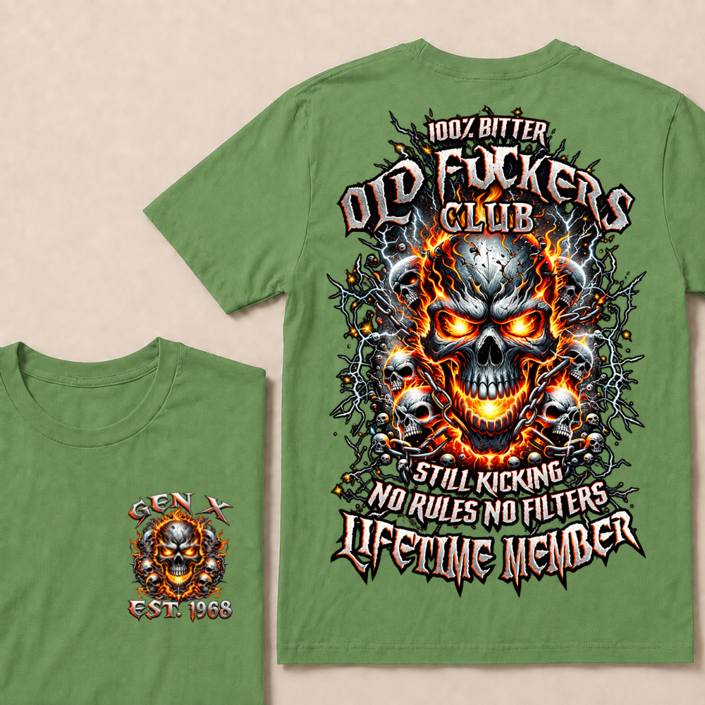 Gen X Custom Year Old Fuckers Club Multi Skull Chain Fire Lightning T-Shirt