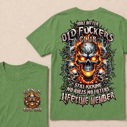 Gen X Custom Year Old Fuckers Club Multi Skull Chain Fire Lightning T-Shirt