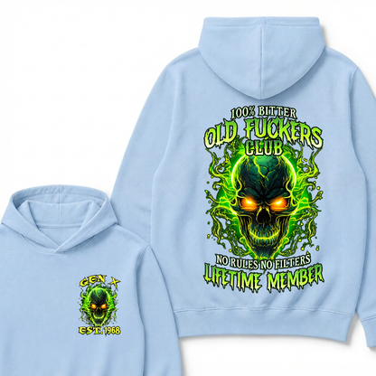 100% Bitter Old Fuckers Club Lifetime Member Hoodie Custom Year Gen X Green Fire Glowing Skull No Rules No Filters Men Graphic Hoodies