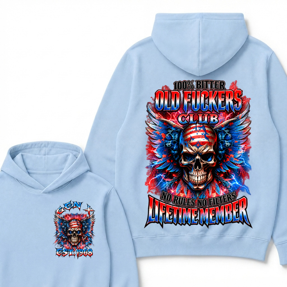 100% Bitter Old Fuckers Club Lifetime Member Hoodie Custom Year Gen X Patriotic Winged USA Flag Skull Red Blue Lightning No Rules No Filters Mens Biker Hoodie