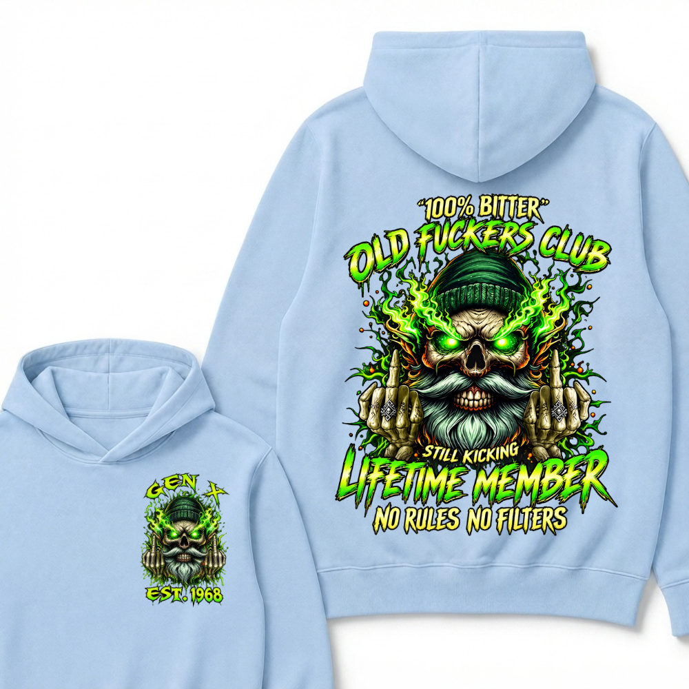 Gen X Custom Year Old Fuckers Club Beanie Bearded Skull Double Finger Green Flame Hoodie