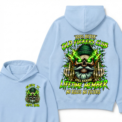 Gen X Custom Year Old Fuckers Club Beanie Bearded Skull Double Finger Green Flame Hoodie