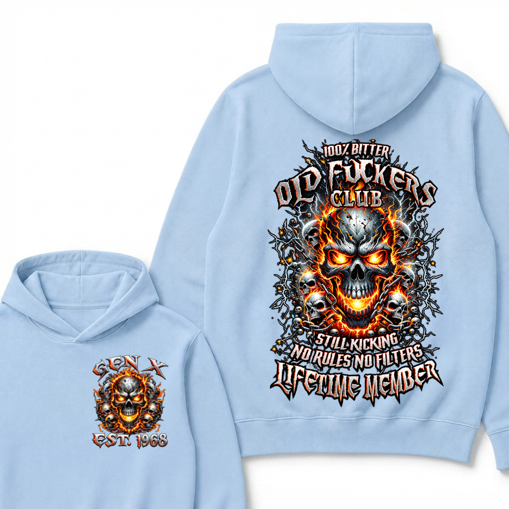 Gen X Custom Year Old Fuckers Club Hellfire Multi Skull Chain Lightning Hoodie