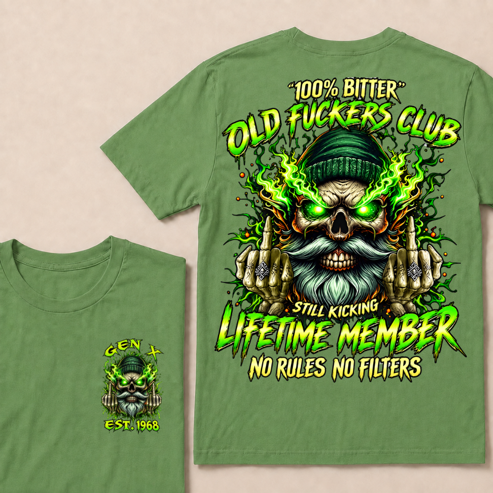 Gen X Custom Year Old Fuckers Club Beanie Skull Double Finger Green Flame T-Shirt