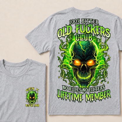 100% Bitter Old Fuckers Club Lifetime Member T Shirt Custom Year Gen X Green Flame Skull No Rules No Filters Men Graphic Tee