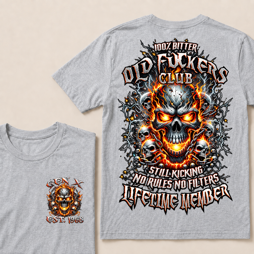 Gen X Custom Year Old Fuckers Club Multi Skull Chain Fire Lightning T-Shirt