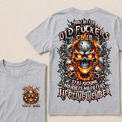 Gen X Custom Year Old Fuckers Club Multi Skull Chain Fire Lightning T-Shirt