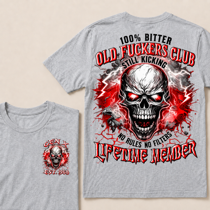 Gen X Custom Year Old Fuckers Club Red Lightning Cracked Skull Blood Splatter T-Shirt