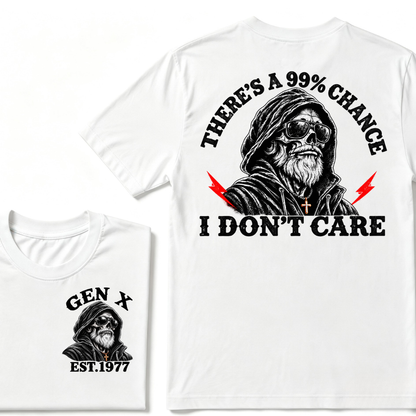 Gen X EST.Year There's A 99% Chance I Don't Care Bearded Skull Hooded Graphic T-Shirt
