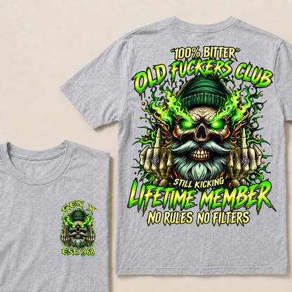 Gen X Custom Year Old Fuckers Club Beanie Skull Double Finger Green Flame T-Shirt