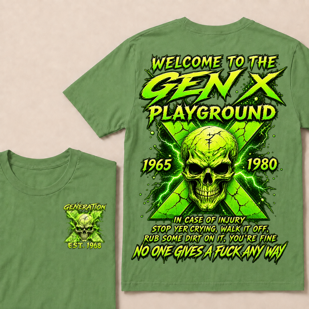 Welcome To The Gen X Playground Custom Year Green Lightning Skull T-Shirt