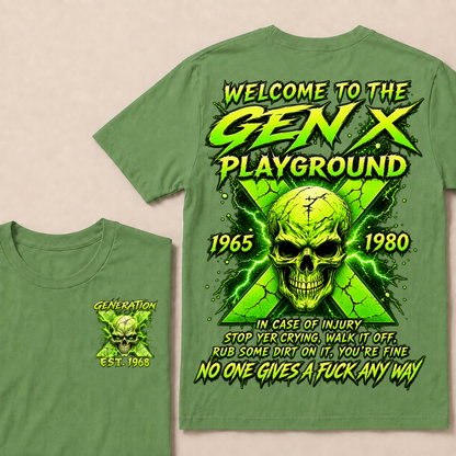 Welcome To The Gen X Playground Custom Year Green Lightning Skull T-Shirt