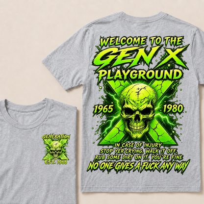 Welcome To The Gen X Playground Custom Year Green Lightning Skull T-Shirt