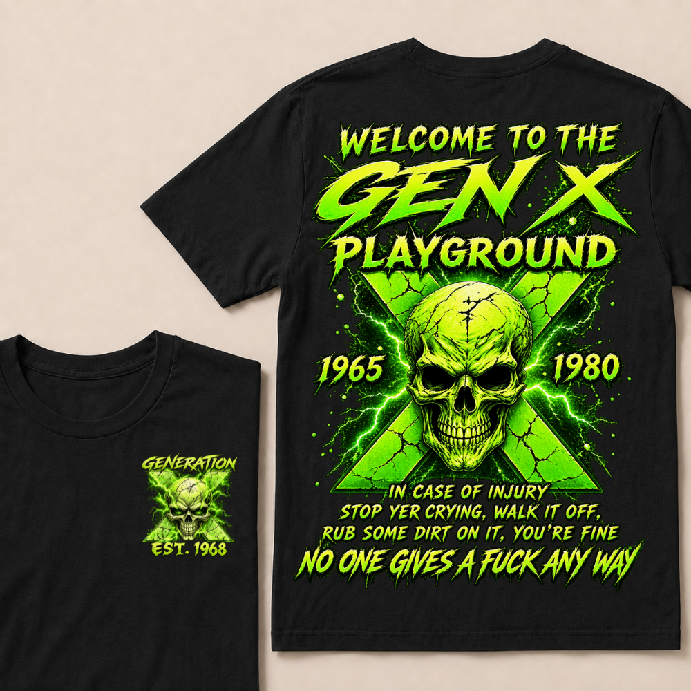 Welcome To The Gen X Playground Custom Year Green Lightning Skull T-Shirt