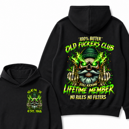 Gen X Custom Year Old Fuckers Club Beanie Bearded Skull Double Finger Green Flame Hoodie
