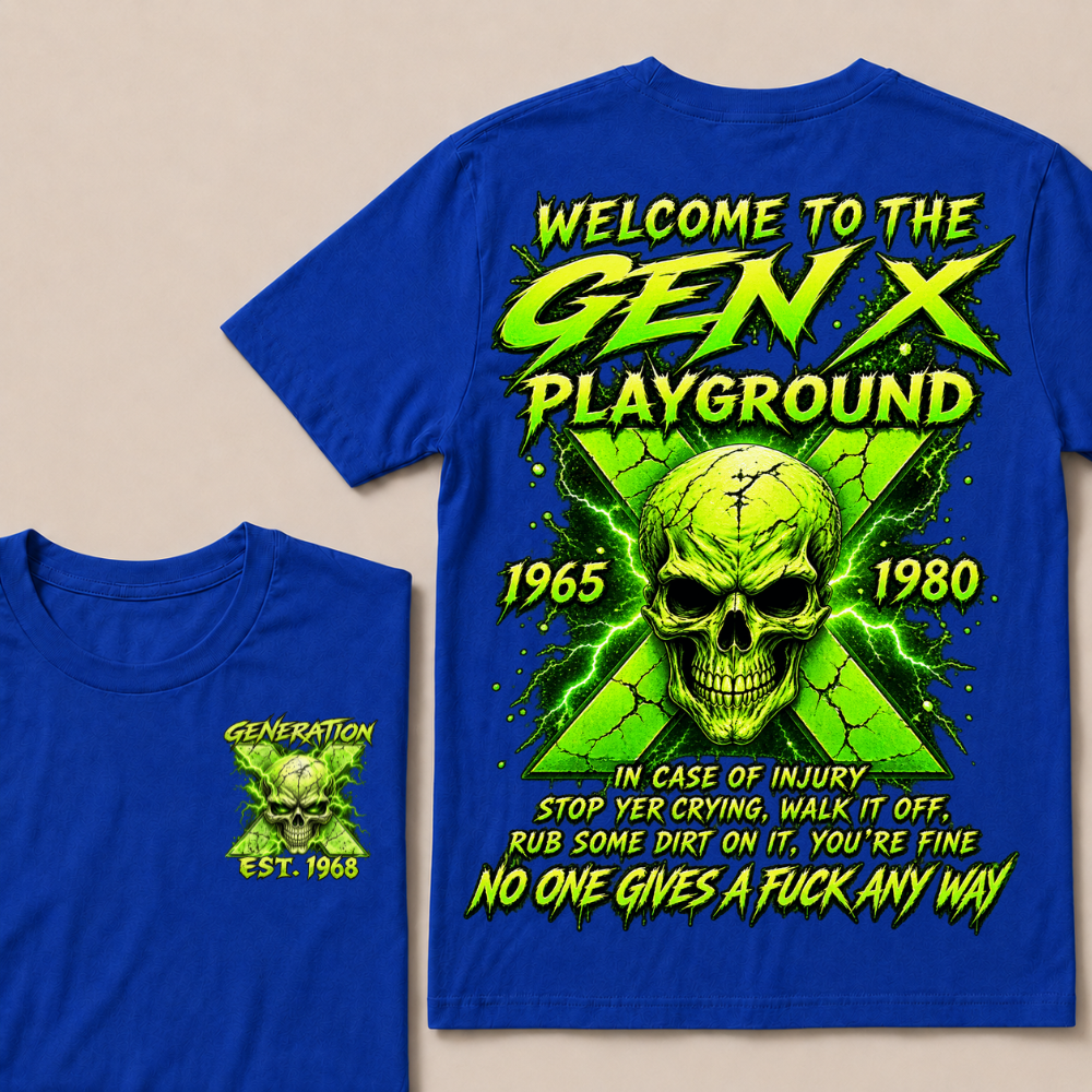 Welcome To The Gen X Playground Custom Year Green Lightning Skull T-Shirt