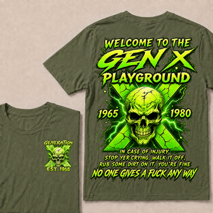 Welcome To The Gen X Playground Custom Year Green Lightning Skull T-Shirt
