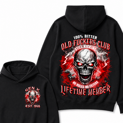 100% Bitter Old Fuckers Club Lifetime Member Hoodie Custom Year Gen X Red Lightning Cracked Skull Mens Biker Hoodie