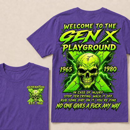 Welcome To The Gen X Playground Custom Year Green Lightning Skull T-Shirt