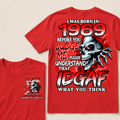 I Was Born In 1969 Custom Year IDGAF Generation X Red Lightning Skull T-Shirt