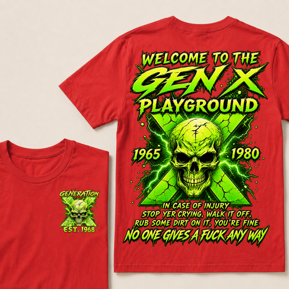 Welcome To The Gen X Playground Custom Year Green Lightning Skull T-Shirt