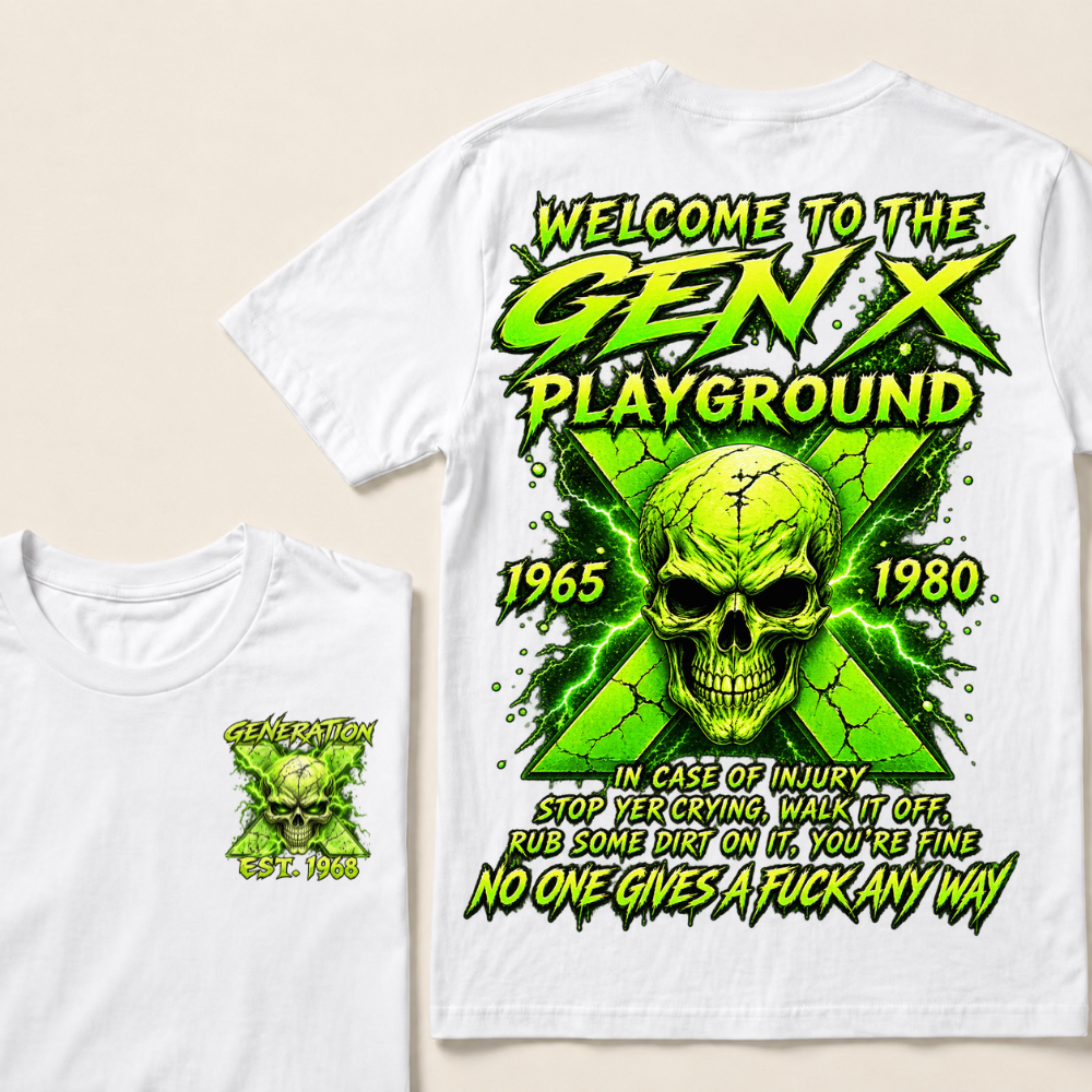 Welcome To The Gen X Playground Custom Year Green Lightning Skull T-Shirt