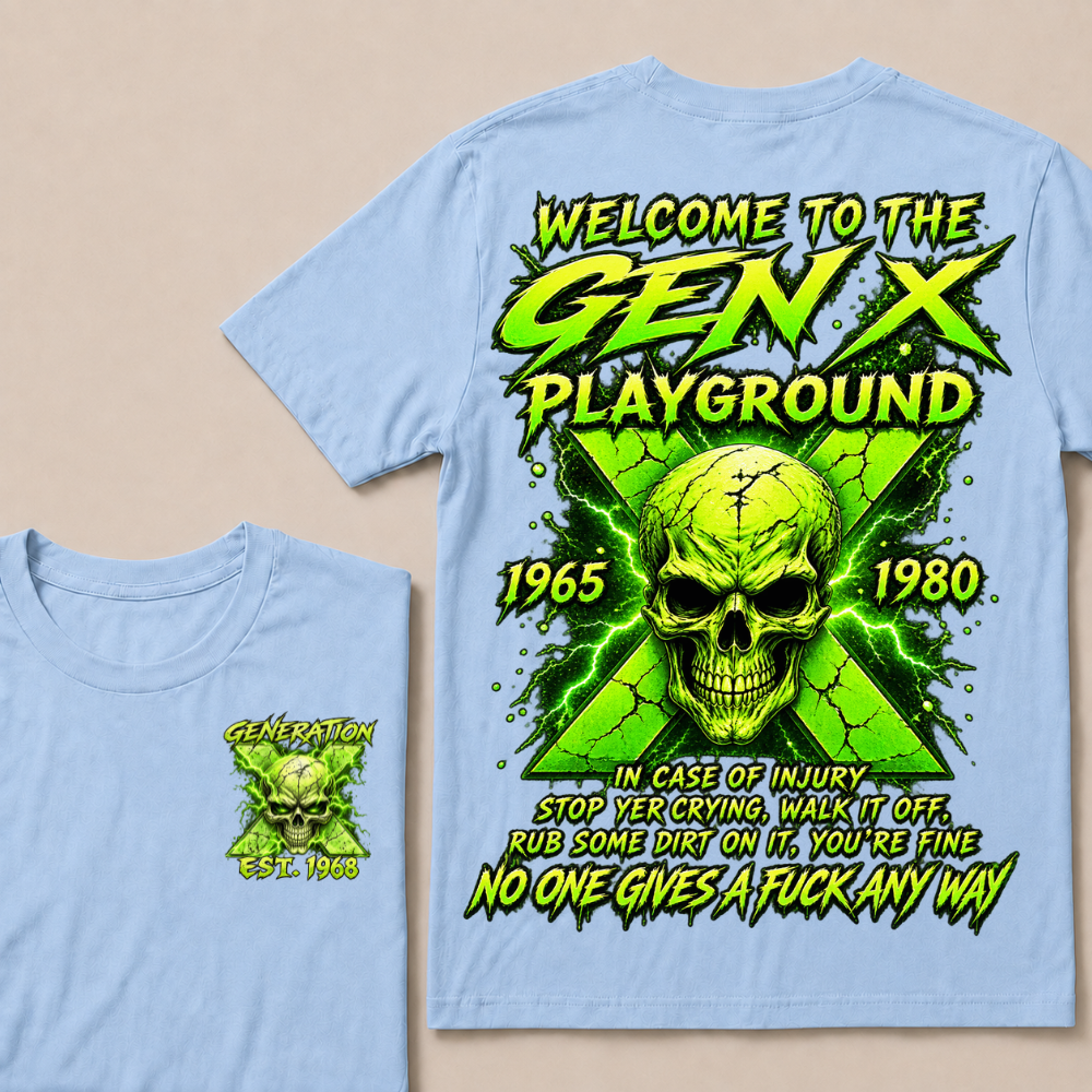 Welcome To The Gen X Playground Custom Year Green Lightning Skull T-Shirt
