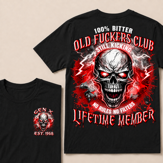 Gen X Custom Year Old Fuckers Club Red Lightning Cracked Skull Blood Splatter T-Shirt