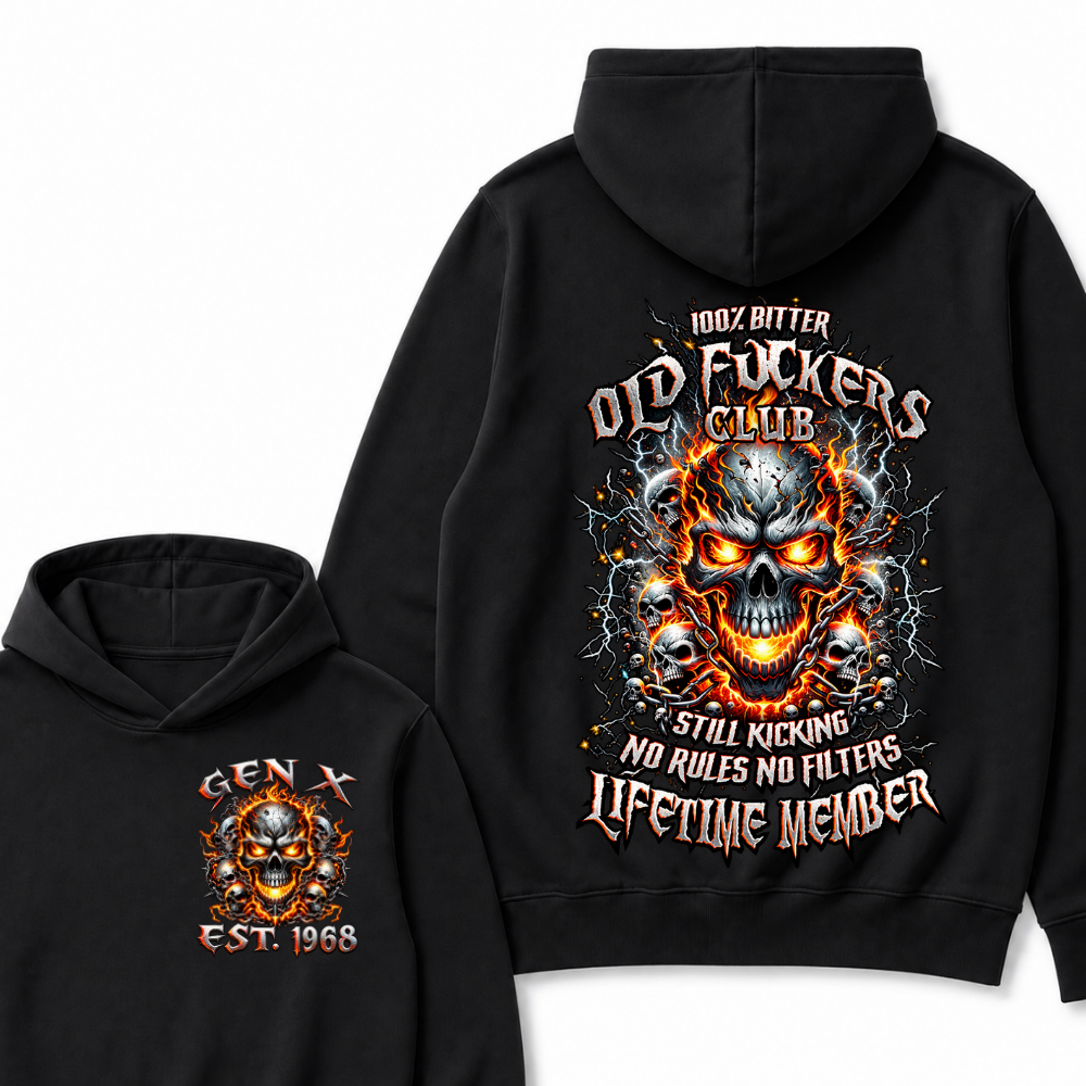 Gen X Custom Year Old Fuckers Club Hellfire Multi Skull Chain Lightning Hoodie