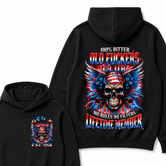 100% Bitter Old Fuckers Club Lifetime Member Hoodie Custom Year Gen X Patriotic Winged USA Flag Skull Red Blue Lightning No Rules No Filters Mens Biker Hoodie