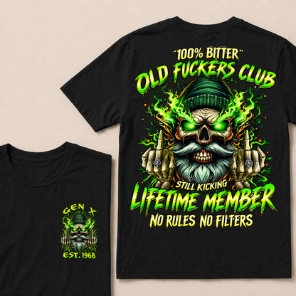 Gen X Custom Year Old Fuckers Club Beanie Skull Double Finger Green Flame T-Shirt