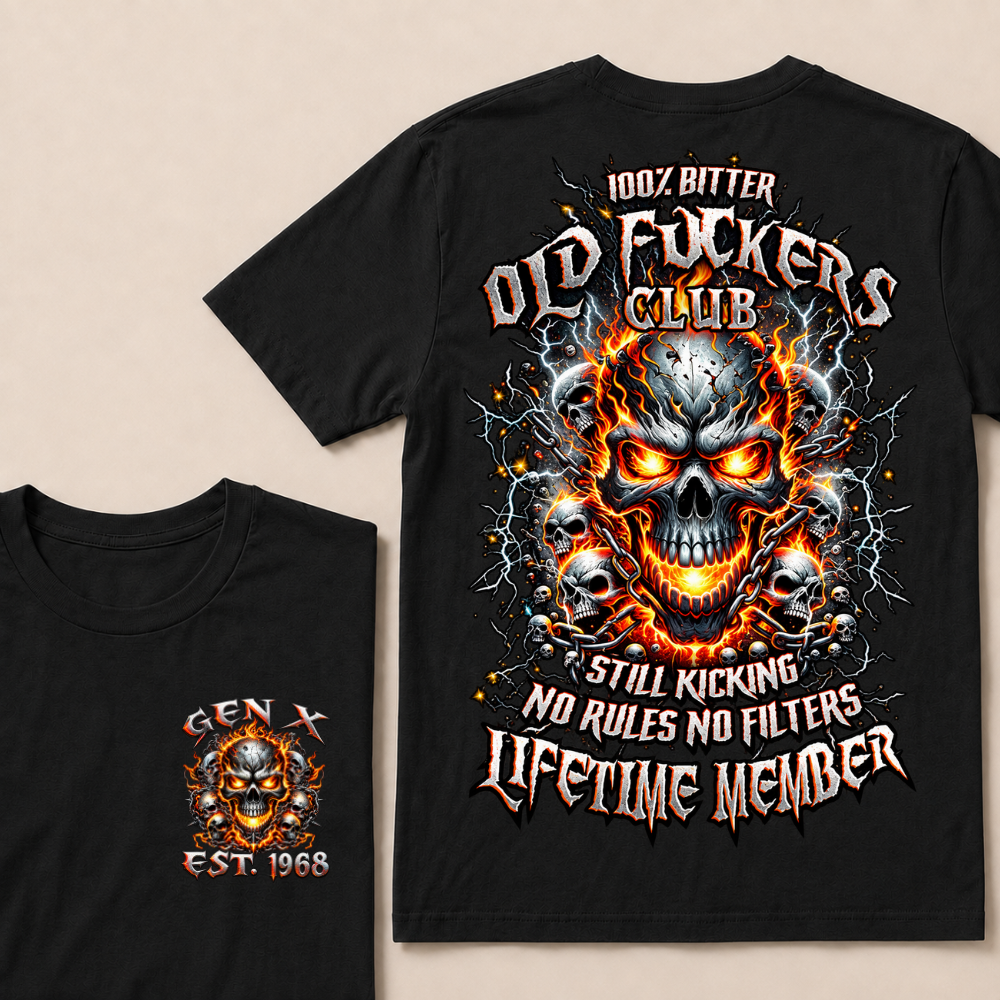 Gen X Custom Year Old Fuckers Club Multi Skull Chain Fire Lightning T-Shirt