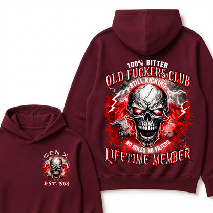 100% Bitter Old Fuckers Club Lifetime Member Hoodie Custom Year Gen X Red Lightning Cracked Skull Mens Biker Hoodie