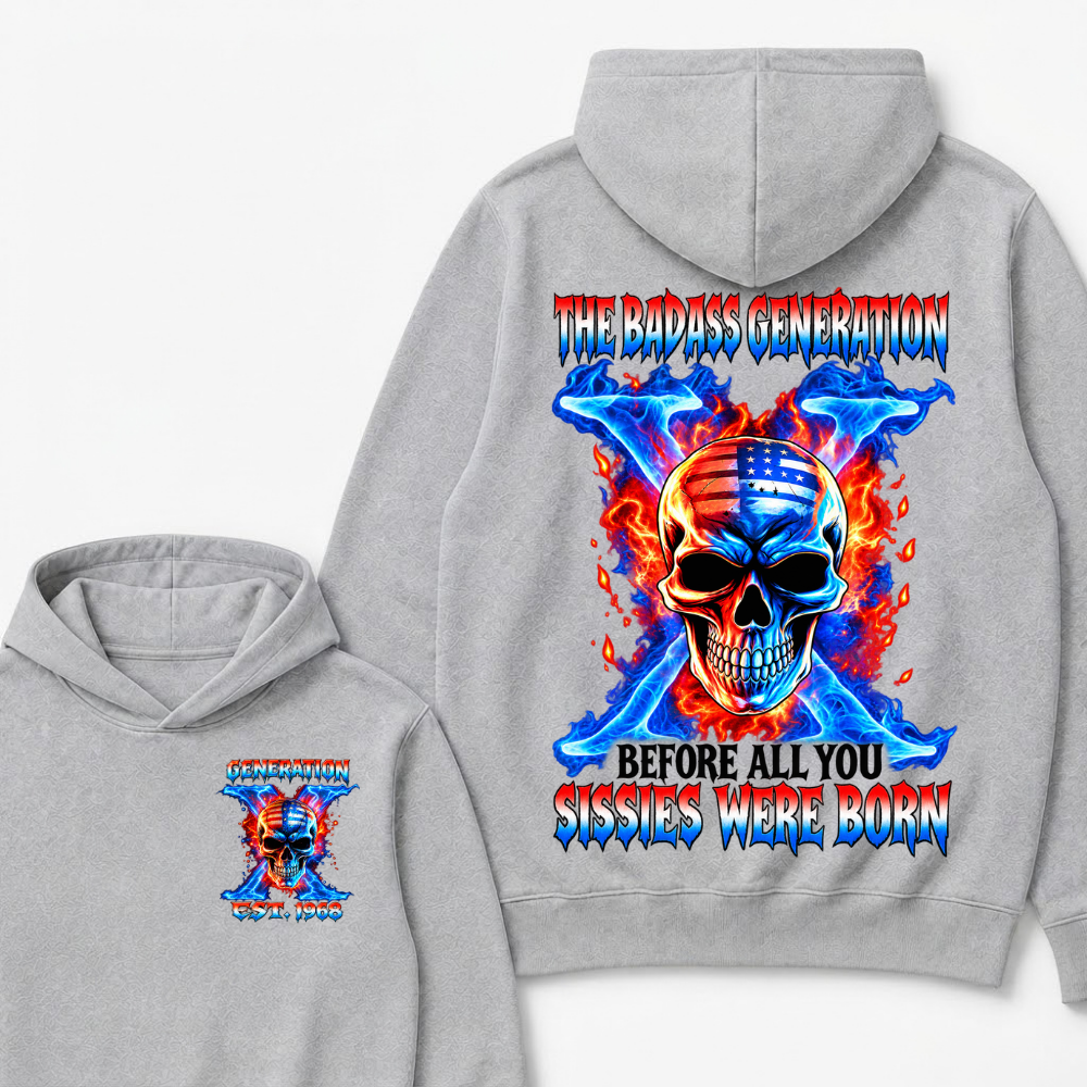 Custom EST Year The Badass Generation Skull American Flag Fire Cross Hoodie